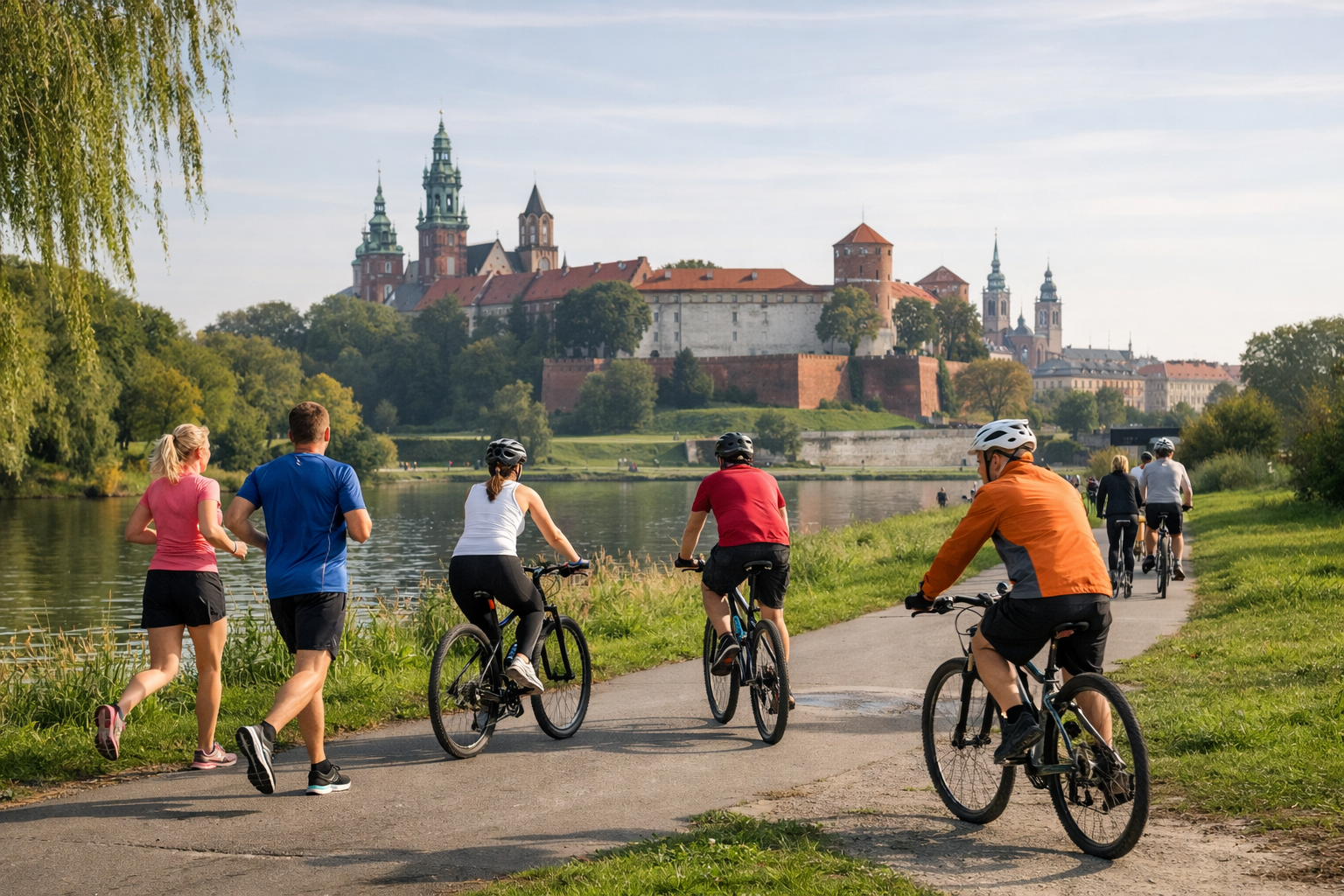 Biegacze i rowerzyści w zielonej części Krakowa