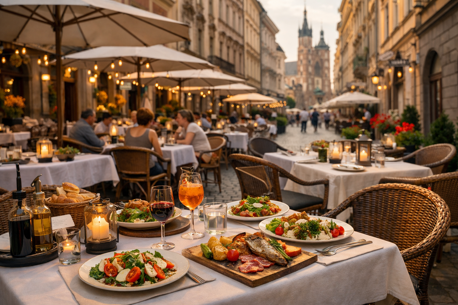 Ogródek restauracyjny przy zabytkowej ulicy w Krakowie