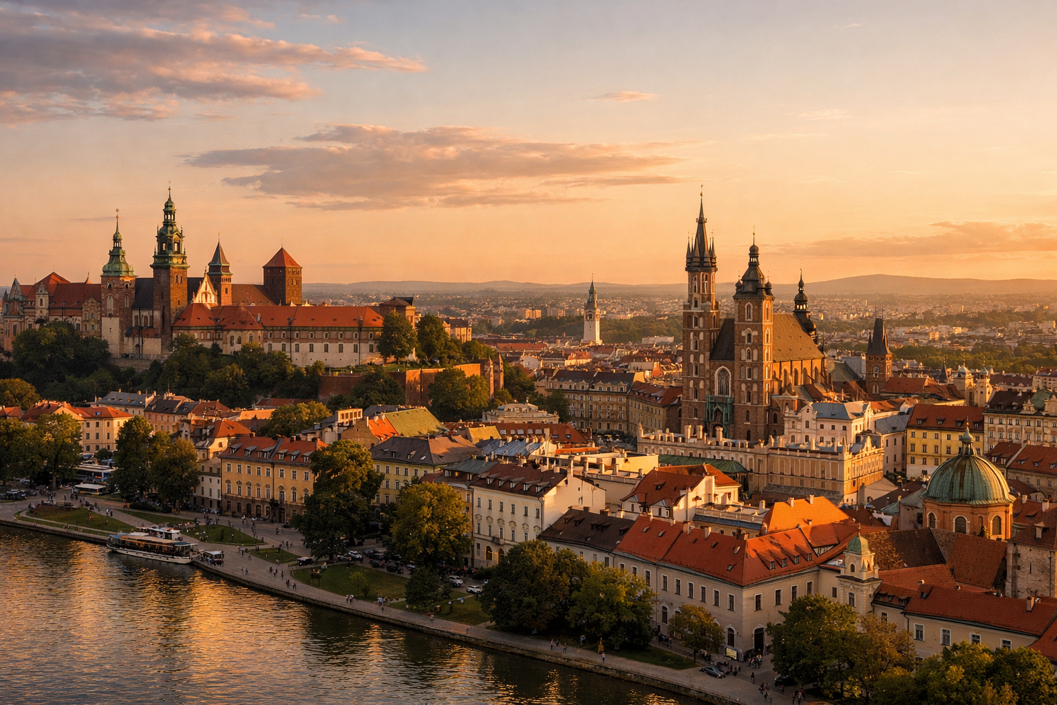 Panorama Krakowa o złotej godzinie